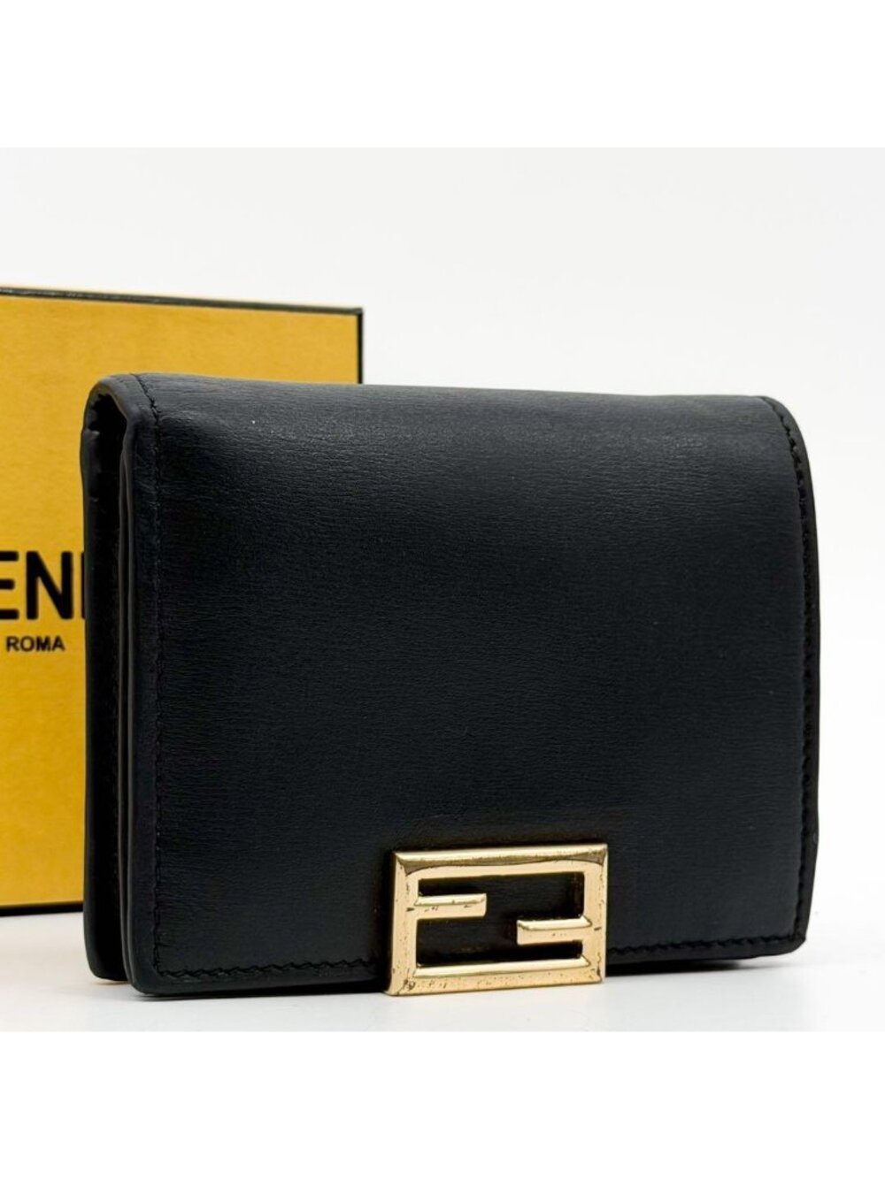 Fendi FF Bifold Wallet Black Leather Compact Pecan